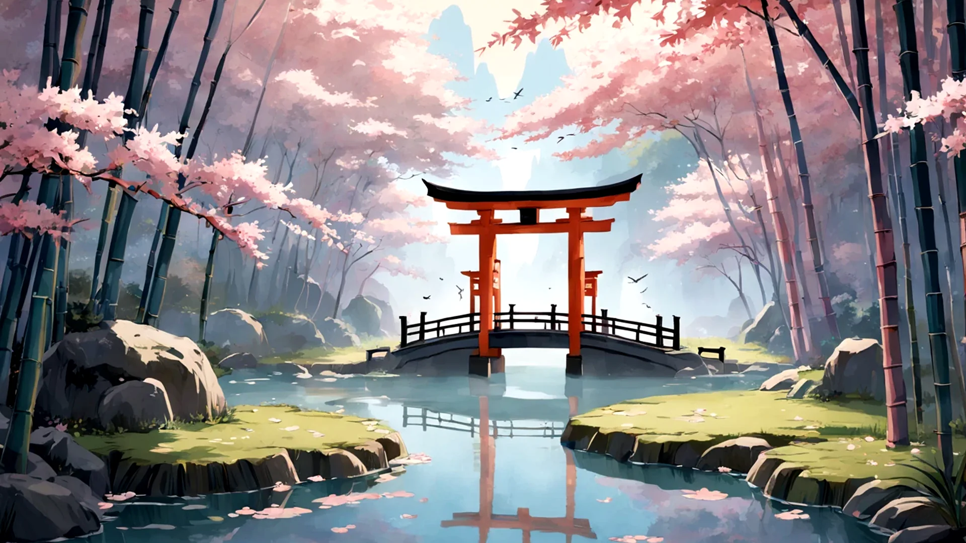 A red gate and bridge framed by cherry blossoms